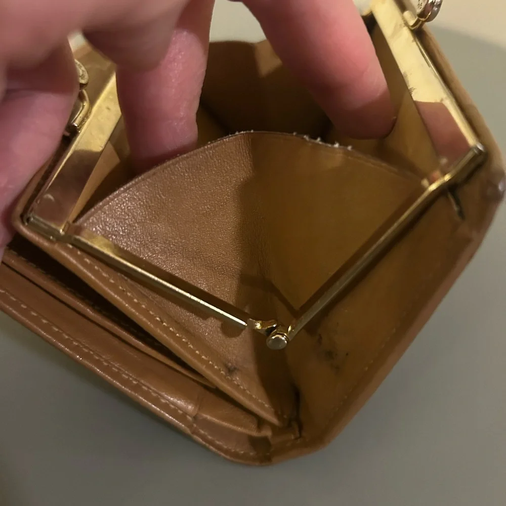 Authentic Celine Compact Kisslock Wallet, Vintage, Light Cognac Leather Trim